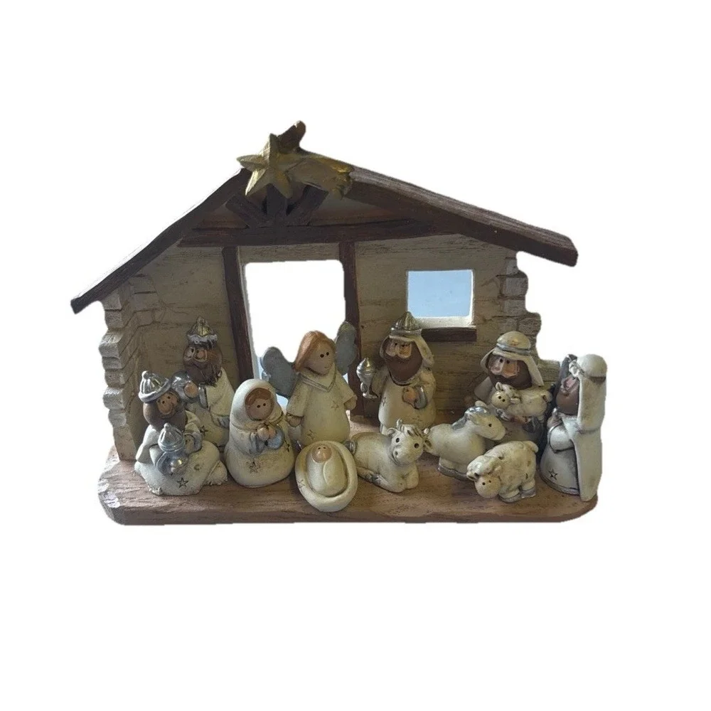 Miniature Nativity Scene with Creche, Set of 12 Rearrangeable Figures.